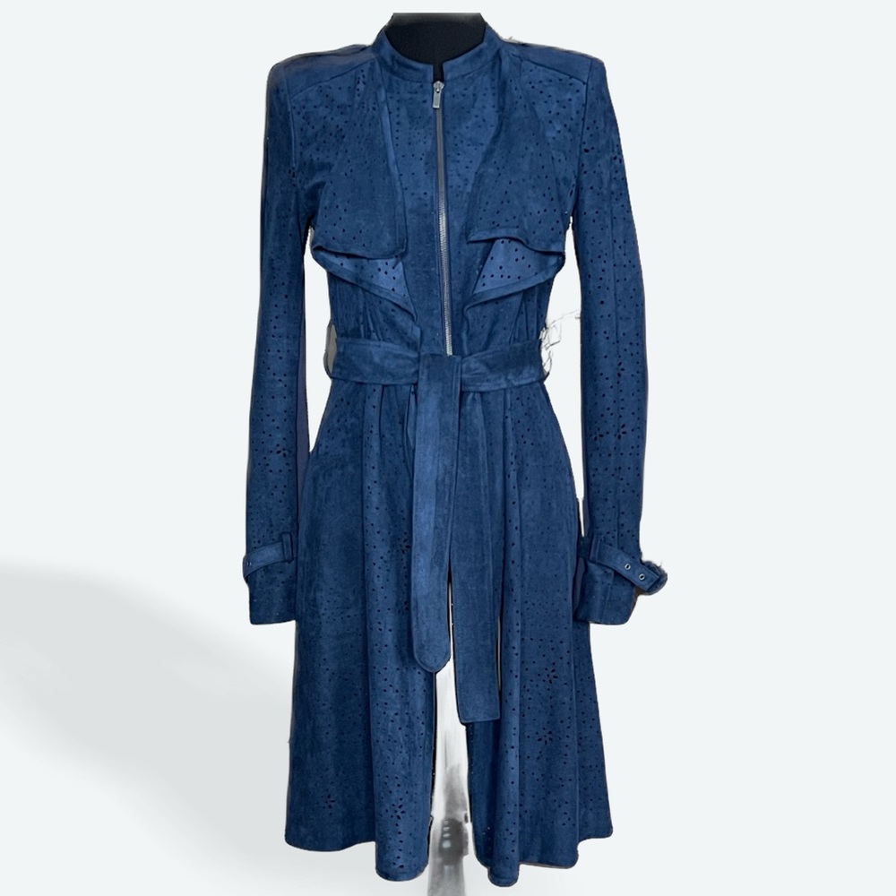 BCBGMAXAZRIA 'Ried' Faux Suede Perforated Trench Coat (Navy) Size Small $498